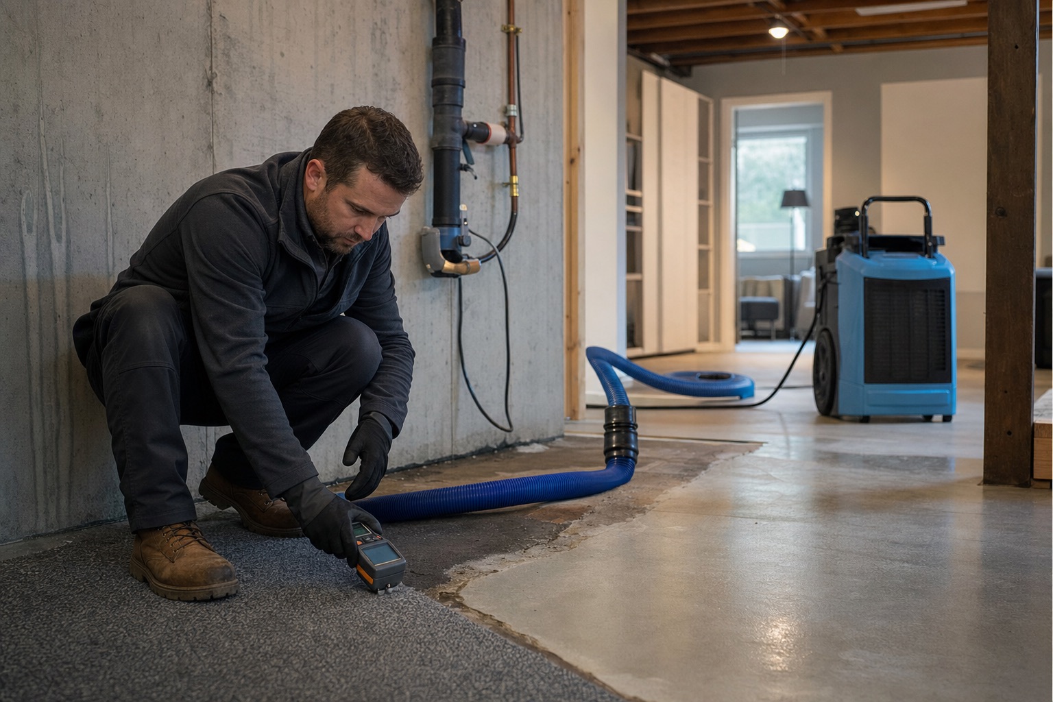 Water damage technician checking moisture in a flooded Tacoma home